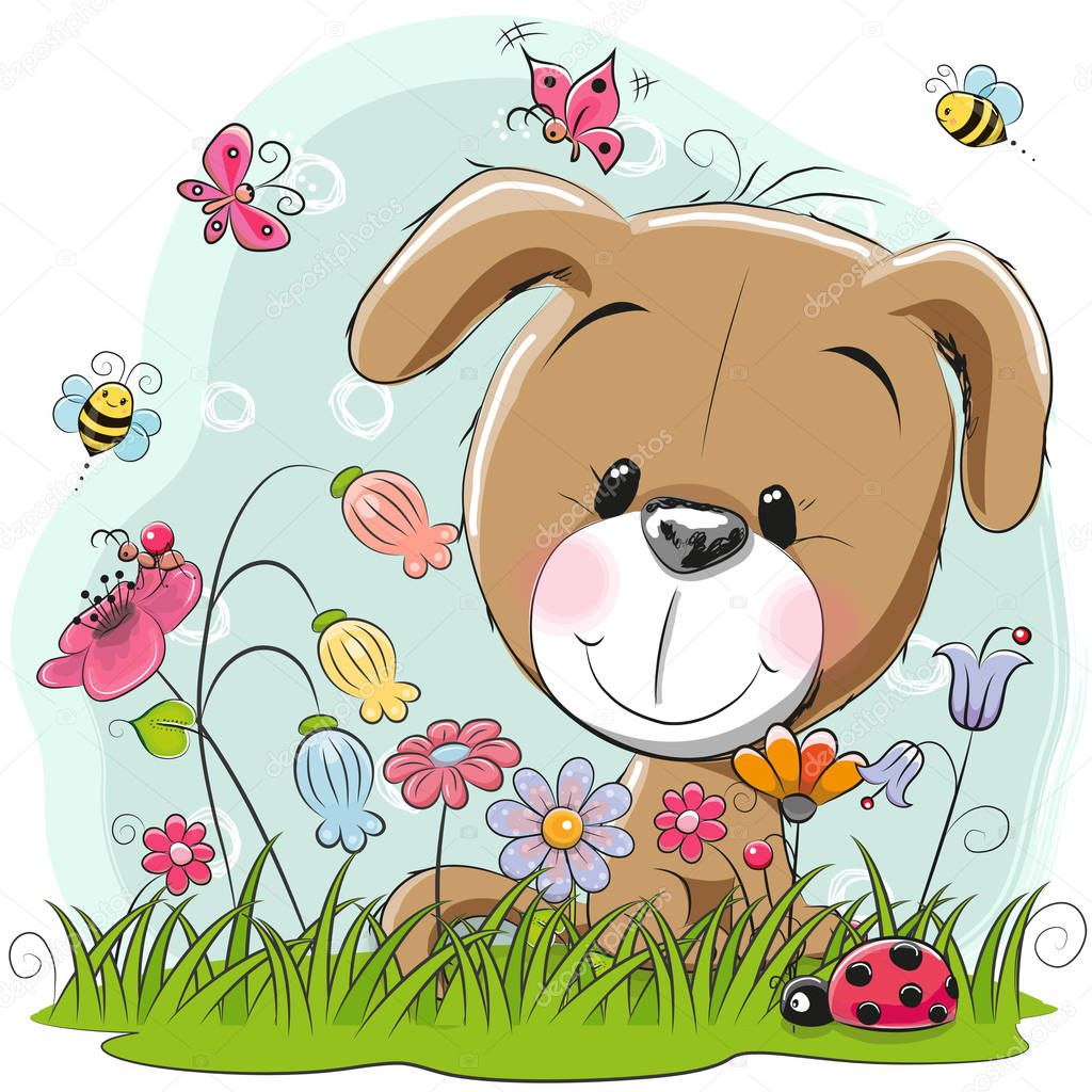 Cute Cartoon Puppy on a meadow