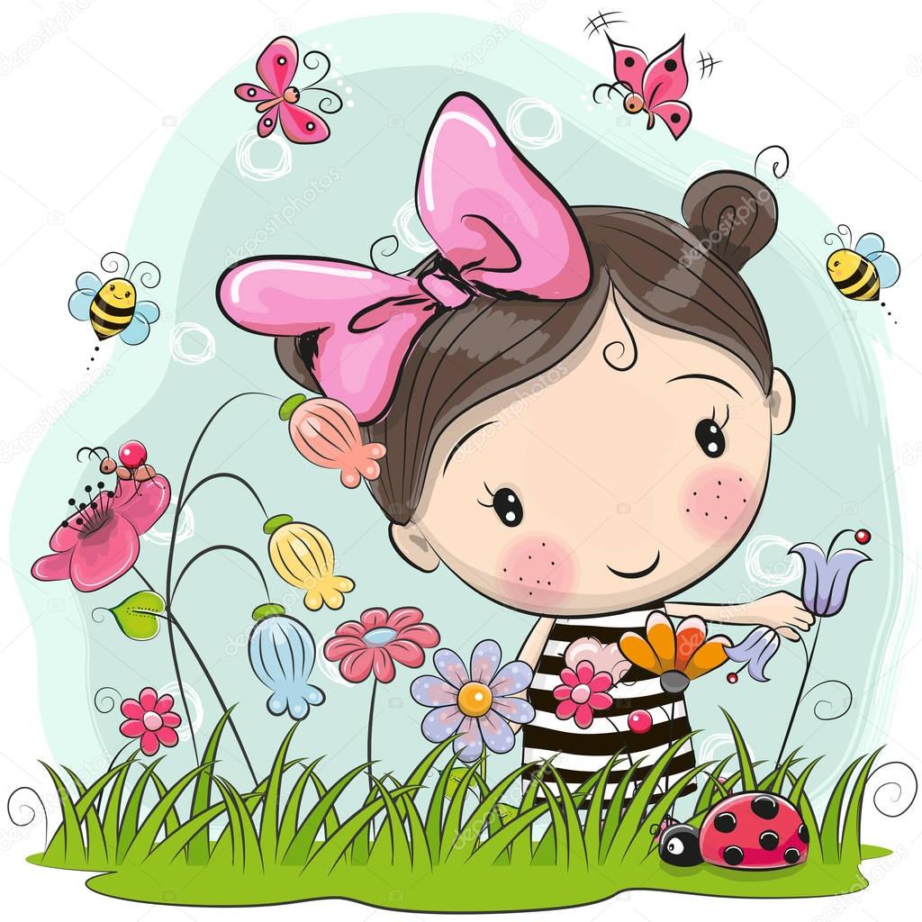 Cute Cartoon Girl on a meadow