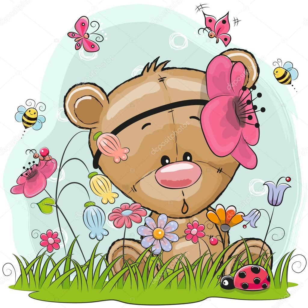 Cute Cartoon Teddy on a meadow