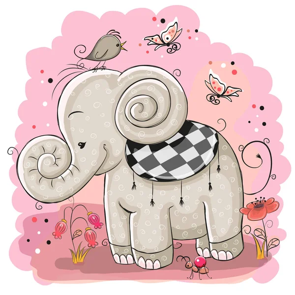 Lindo elefante de dibujos animados y un pájaro — Vector de stock