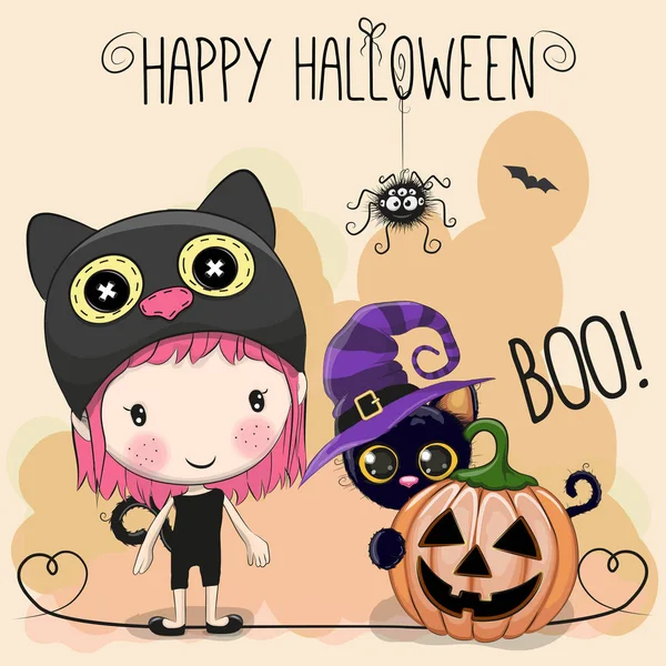 Halloween-kaart met meisje en kat — Stockvector