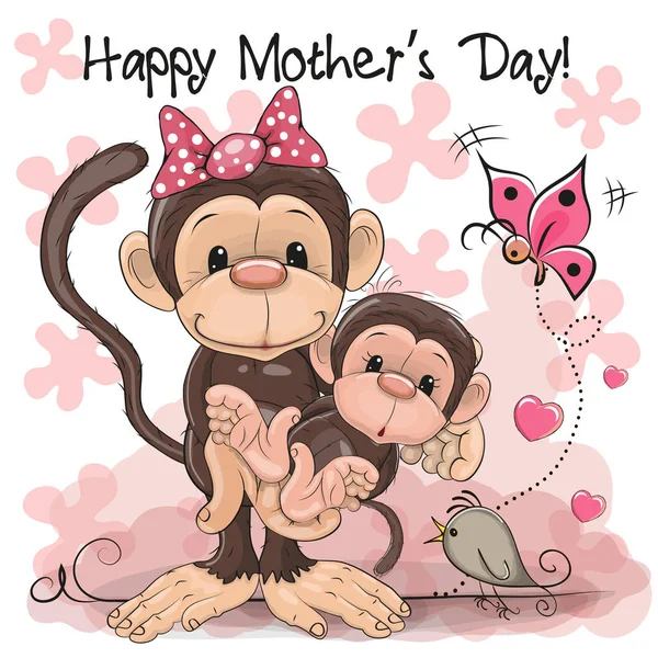 一位母亲和婴儿的问候卡两个猴子 — 图库矢量图片