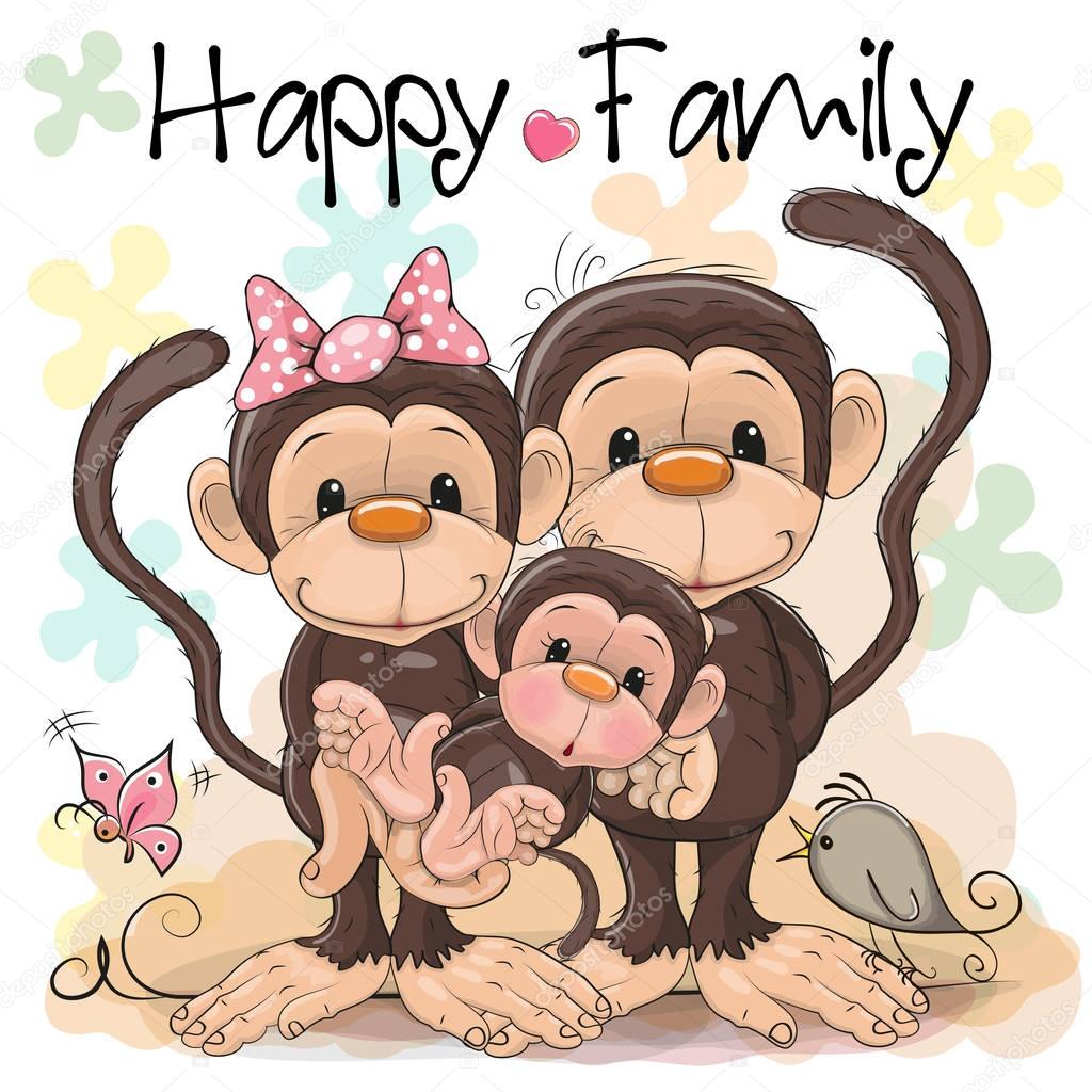 Family of Three Cute Monkeys