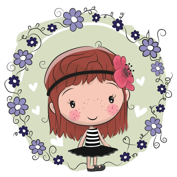 Cute Cartoon Girl and flowers - Stok Vektor