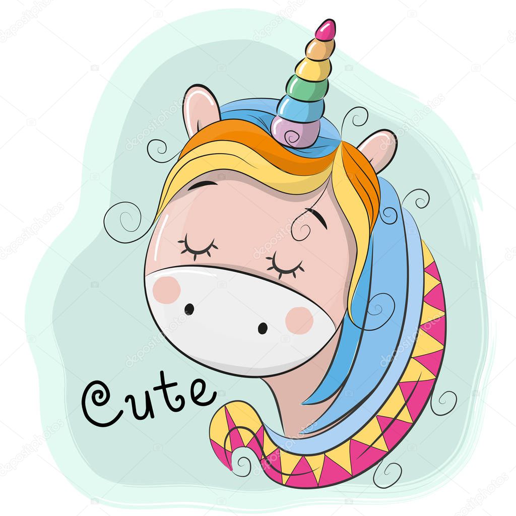 Lindo unicornio de dibujos animados sobre un fondo azul — Vector de