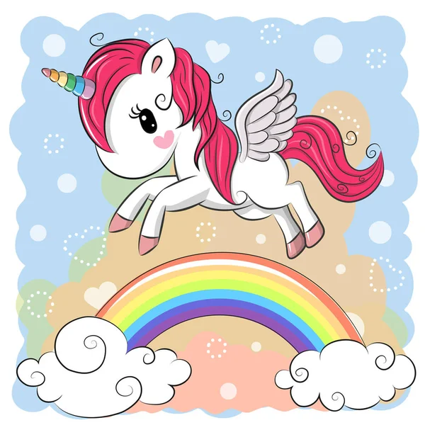 Lindo unicornio de dibujos animados y arco iris — Vector de stock