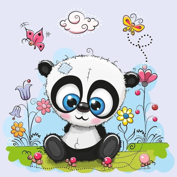 Panda dessin animé mignon avec des fleurs et des papillons — Image vectorielle