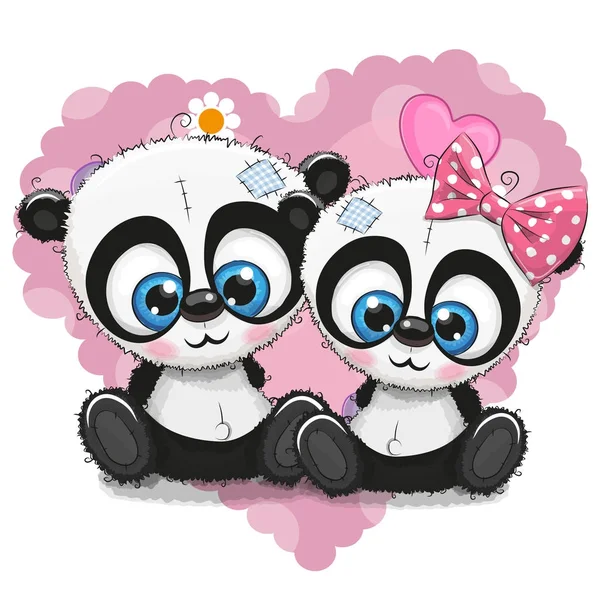 Bonito Cartoon Pandas em um fundo de coração — Vetor de Stock