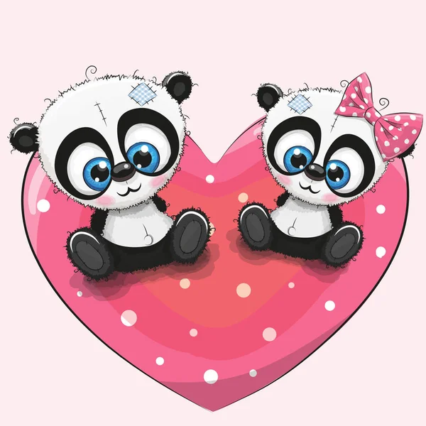 Pandas mignon est assis sur un cœur — Image vectorielle