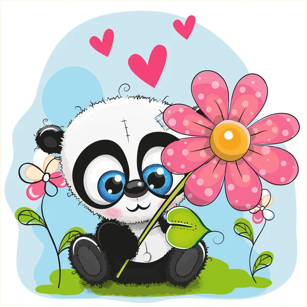 Ευχετήρια κάρτα για το Panda με λουλούδια και καρδιές — Διανυσματικό Αρχείο