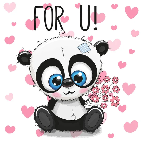 Valentine karty słodkie Panda kreskówka kwiaty — Wektor stockowy