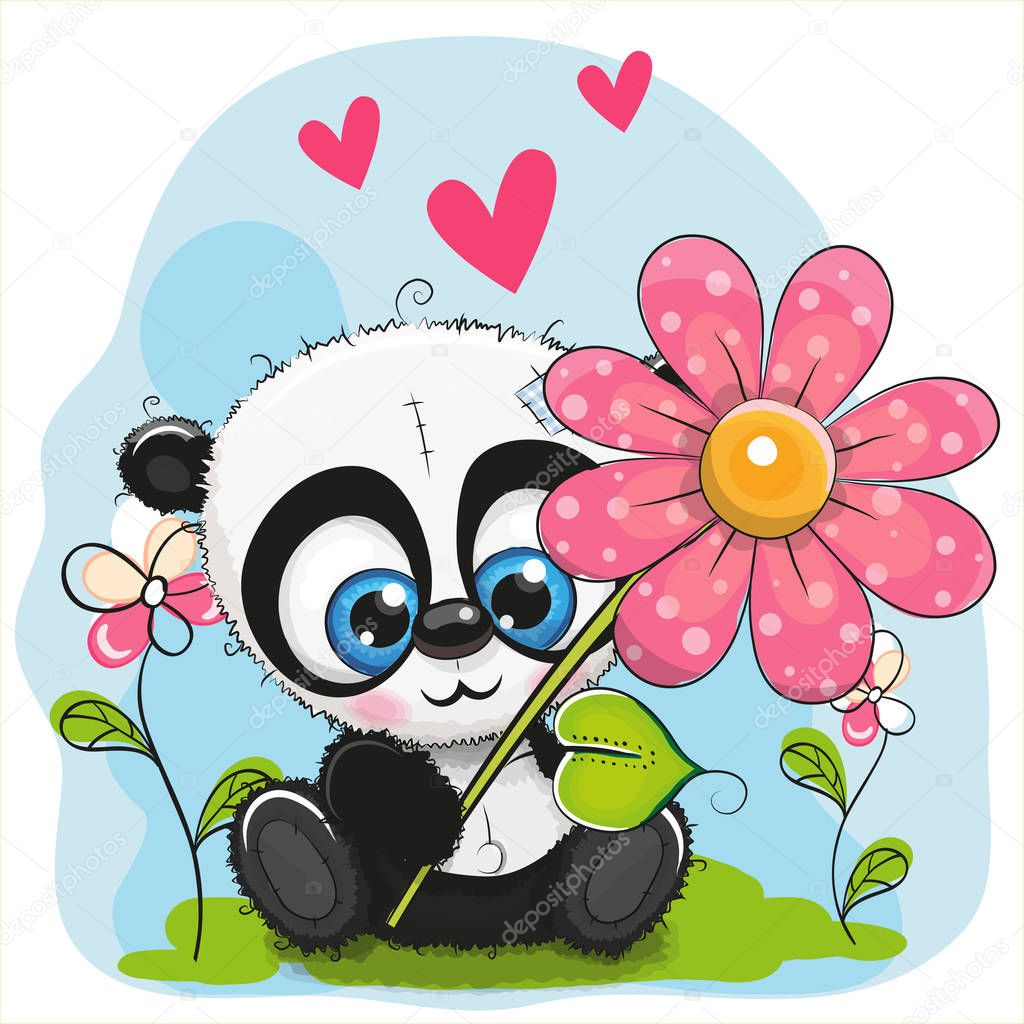 Greeting card Panda with flower and hearts