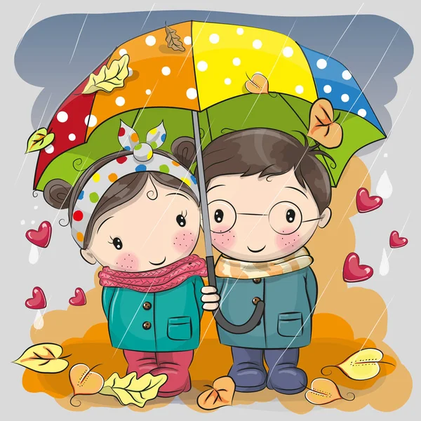 Niño y niña con paraguas bajo la lluvia — Vector de stock