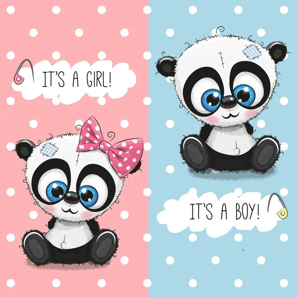Tarjeta de felicitación Baby Shower con niño y niña Pandas — Vector de stock