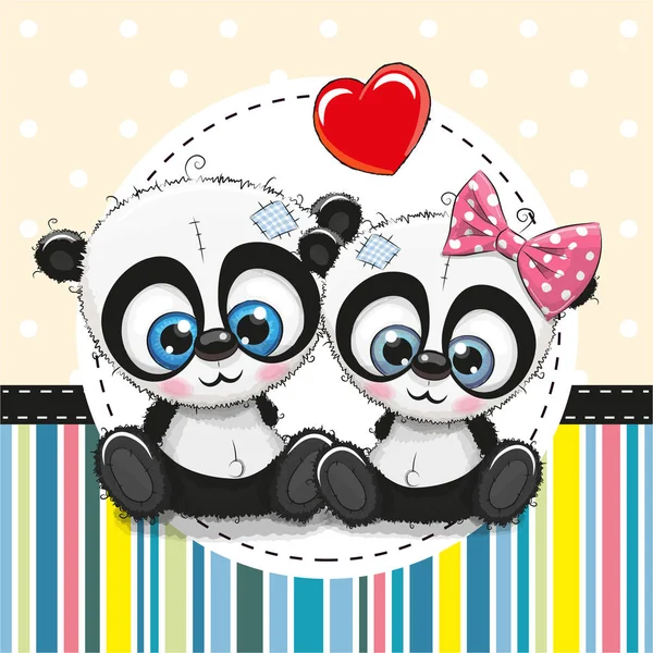 Tarjeta de felicitación con dos pandas de dibujos animados — Archivo Imágenes Vectoriales