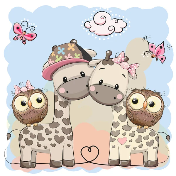 Two cute giraffes and owls — Stock Vector