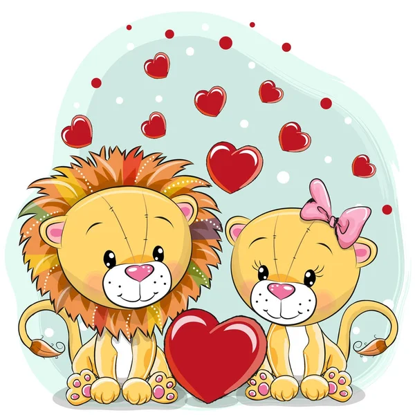 Two Lions with hearts on a blue background — Stock Vector
