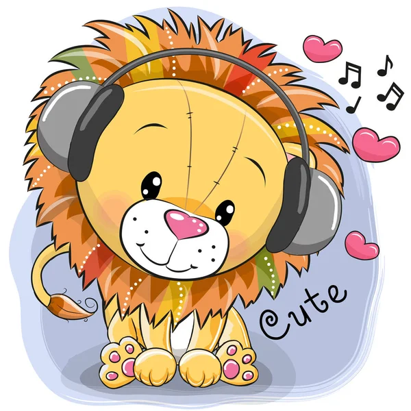 Netter Cartoon-Löwe mit Kopfhörern und Herzen — Stockvektor