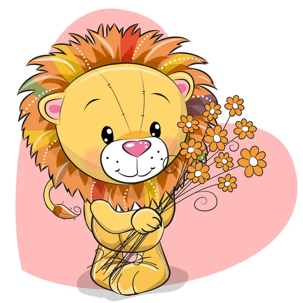 Greeting card cute Lion with flowers — Stock Vector