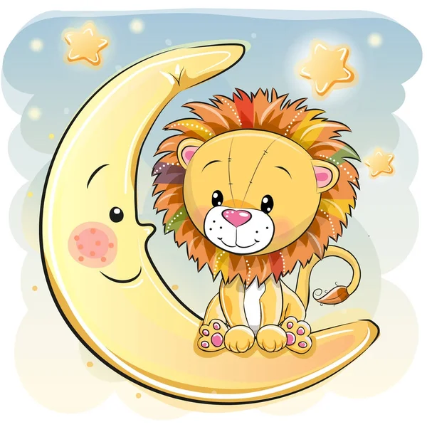 Carino Cartone animato leone sulla luna — Vettoriale Stock