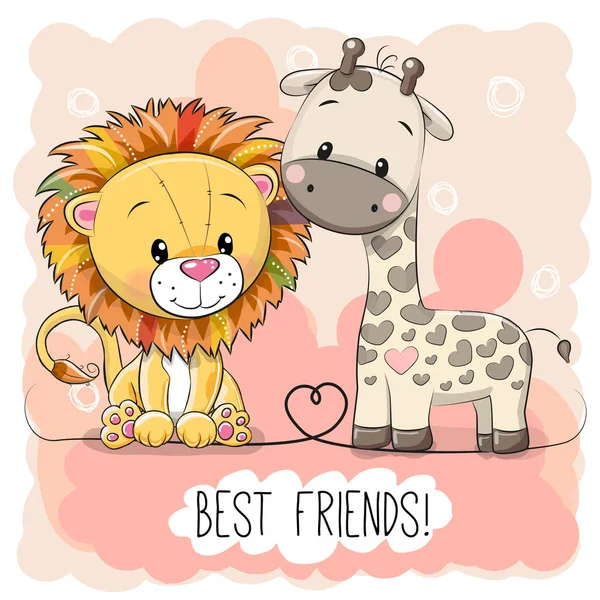 Lion mignon et girafe sur un fond rose — Image vectorielle