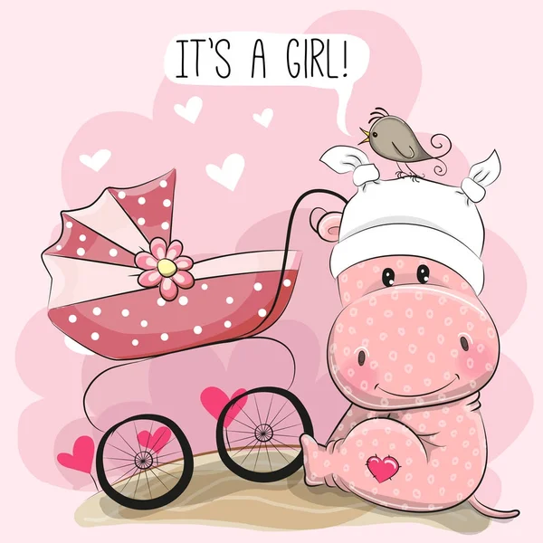 Iit is a girl with baby carriage and Hippo — Stock Vector