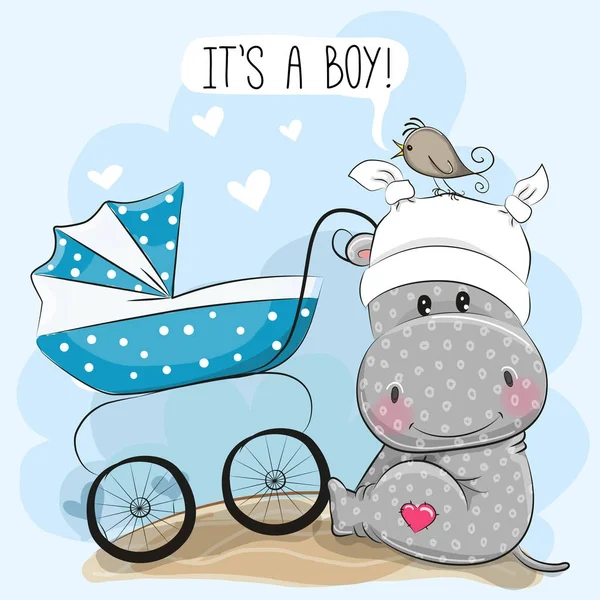 Its a boy with baby carriage and Hippo — Stock Vector