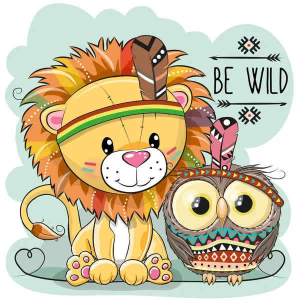Mignon dessin animé tribal Lion et hibou — Image vectorielle