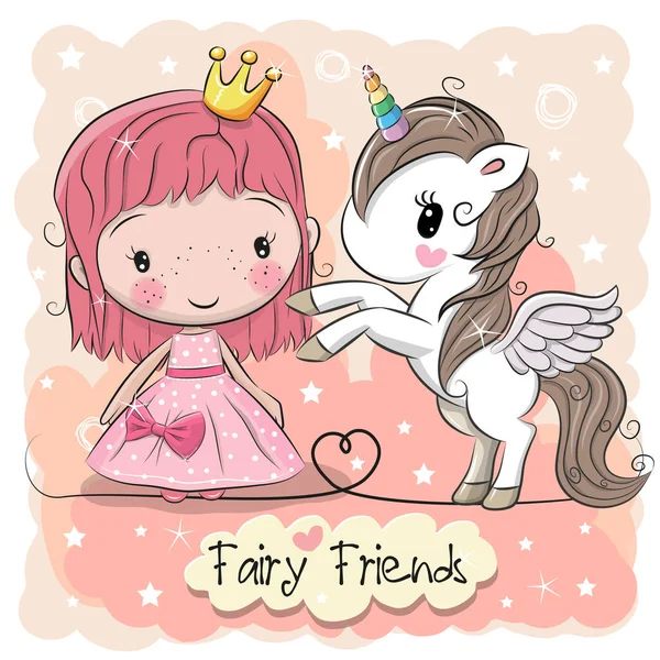 Cute Cartoon fairy tale Princess and Unicorn — Stock Vector