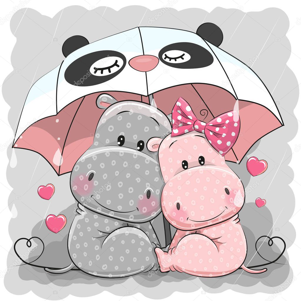 Cute Cartoon Hippos with umbrella