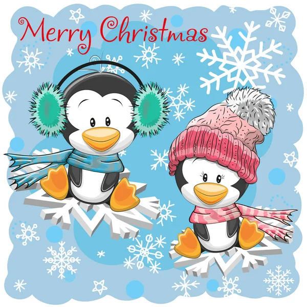 Два милых пингвина на снежинках — стоковый вектор