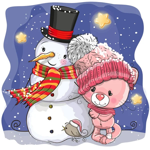 Bonhomme de neige et mignon dessin animé chaton fille — Image vectorielle