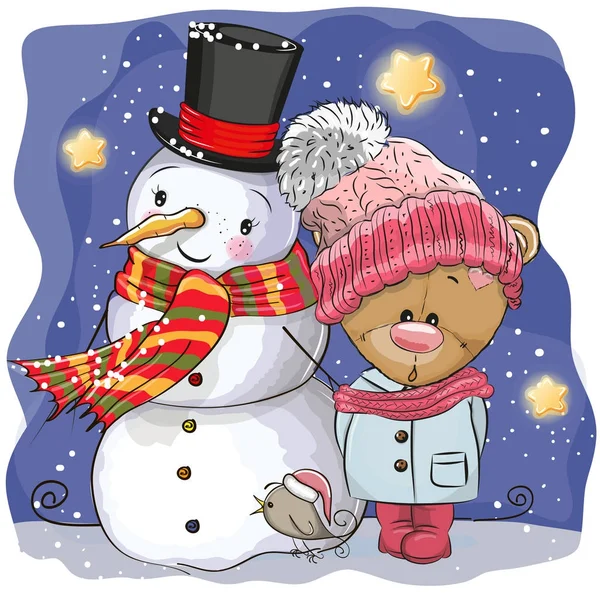 Muñeco de nieve y linda chica de peluche de dibujos animados — Vector de stock