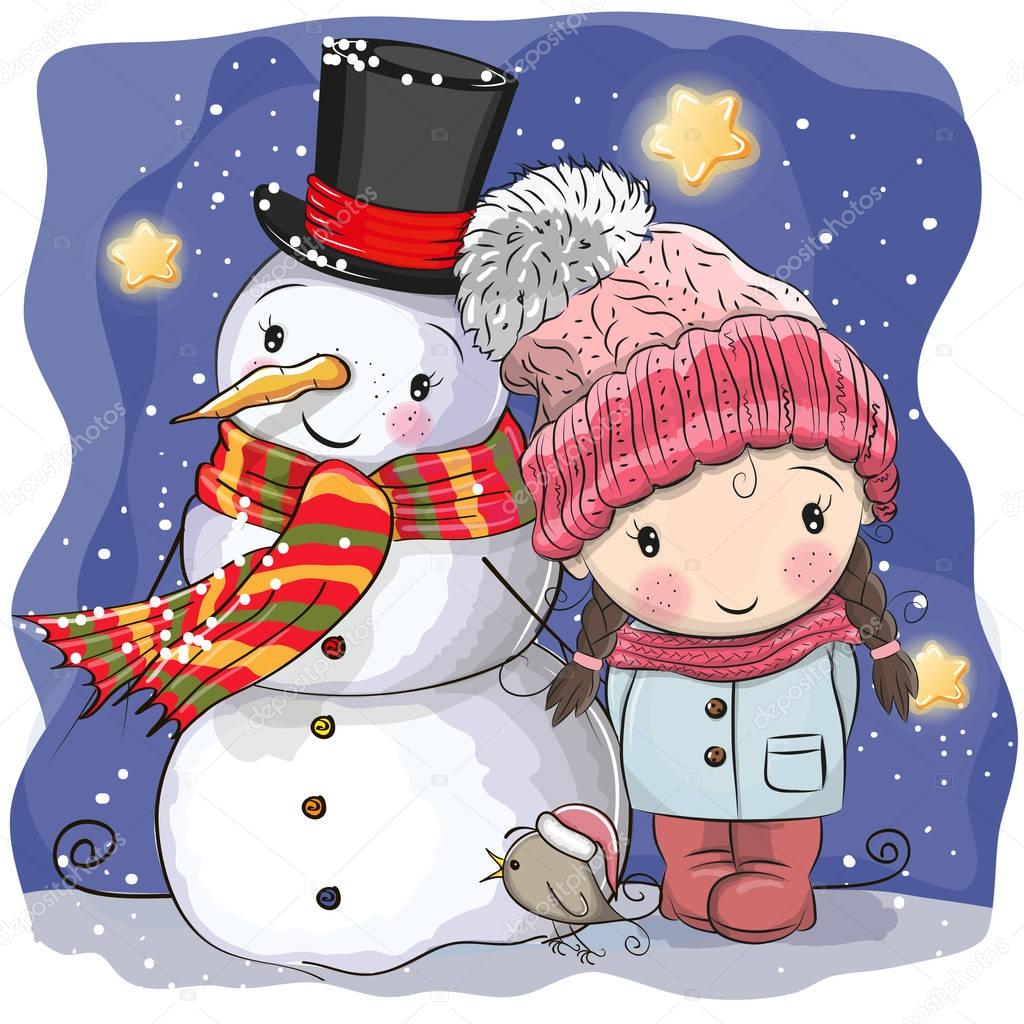 Snowman and Cute Cartoon girl