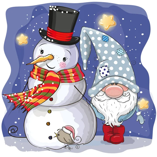 かわいい漫画の Gnome と雪だるま — ストックベクタ