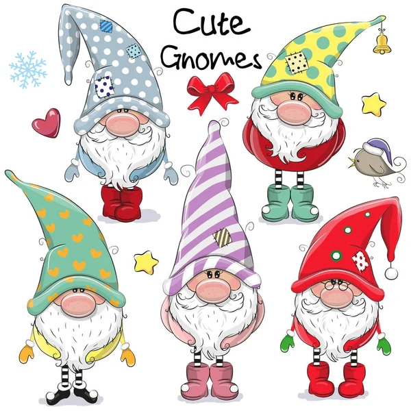 Set of Cute Cartoon Gnomes — Stock Vector