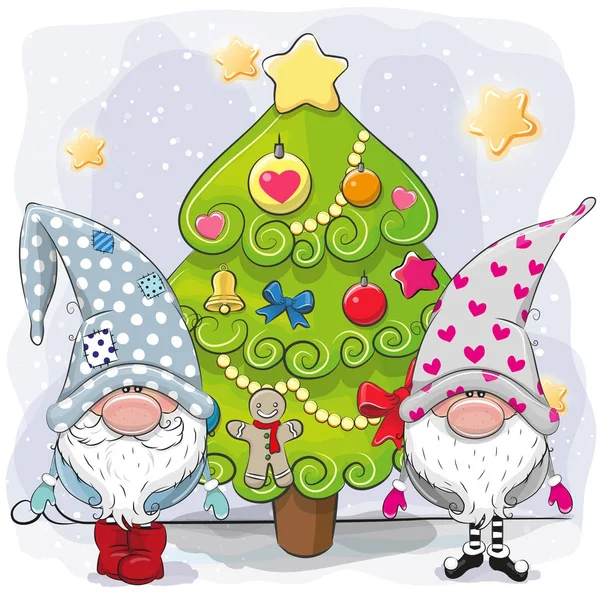 Two cute gnomes and Christmas tree — Stock Vector