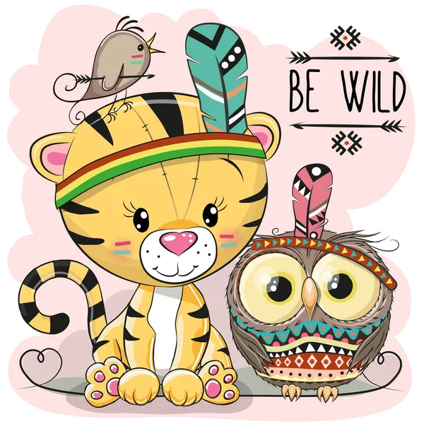Mignon dessin animé tribal Tigre et hibou — Image vectorielle