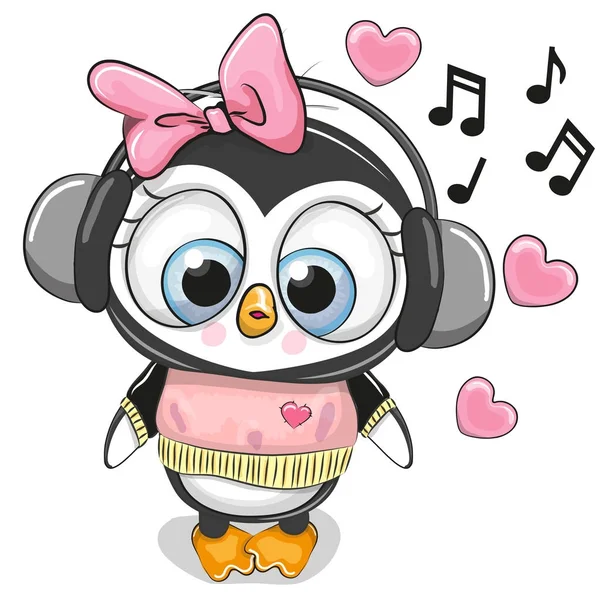 Bonito desenho animado Pinguim Menina com fones de ouvido —  Vetores de Stock