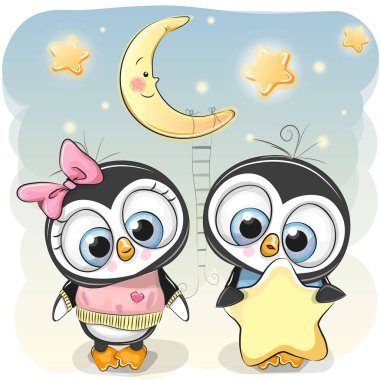 Sevimli penguen çocuk bir penguen kız bir yıldız verir.