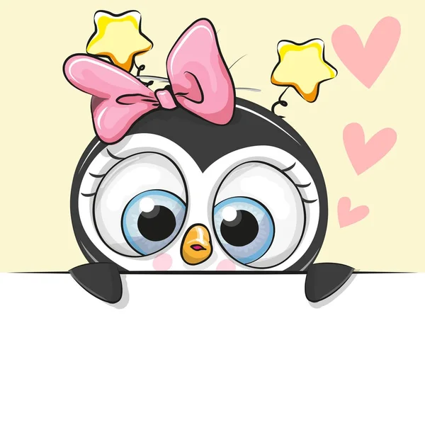 Gratulationskort söt tecknad pingvin flicka — Stock vektor