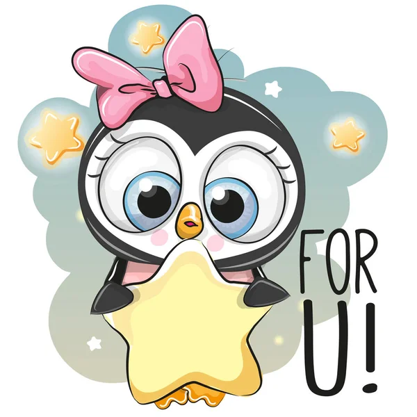 Cute Cartoon Penguin girl with star — Stock Vector
