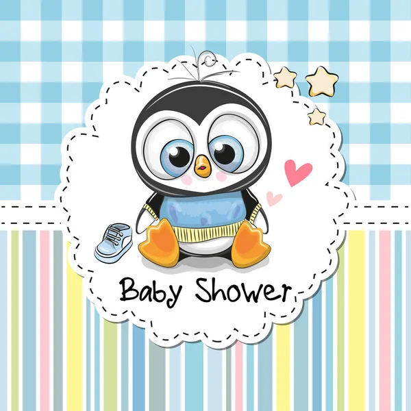 Baby-Dusche-Grußkarte mit niedlichem Pinguin — Stockvektor