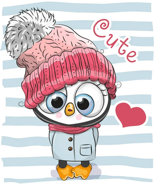 Carino Cartoon Penguin ragazza in un cappello — Vettoriale Stock