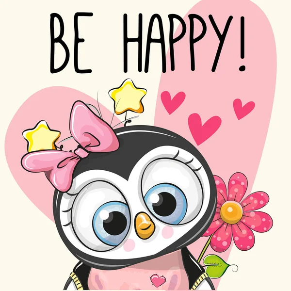 Seja feliz cartão de saudação Pinguim com corações — Vetor de Stock