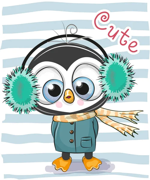 Χαριτωμένο αγόρι καρτούν πιγκουίνος σε ένα γούνινα ακουστικά — Διανυσματικό Αρχείο