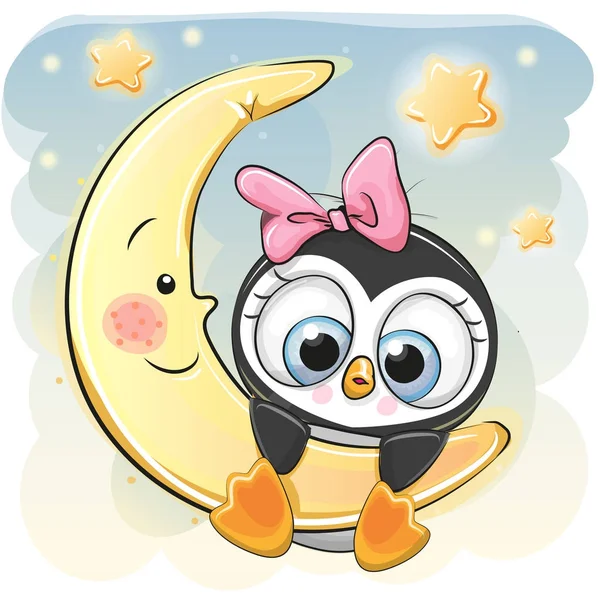 Linda chica pingüino en la luna — Vector de stock