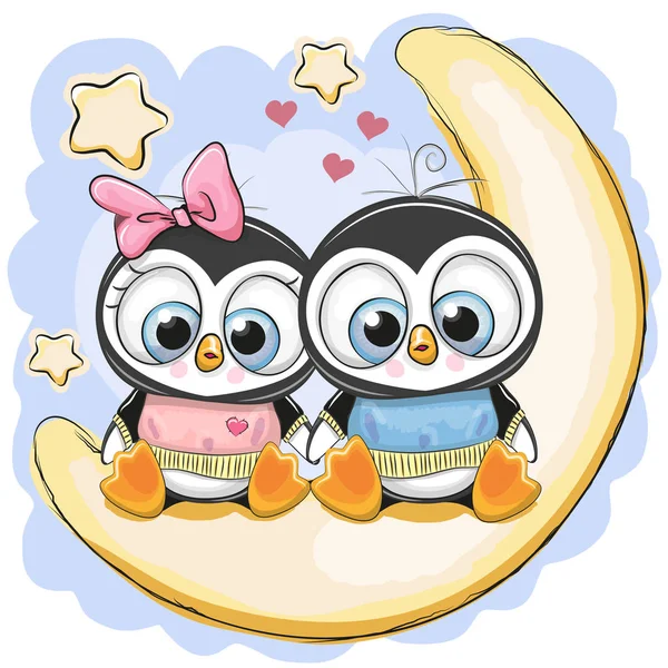 Due pinguini è seduto sulla luna — Vettoriale Stock