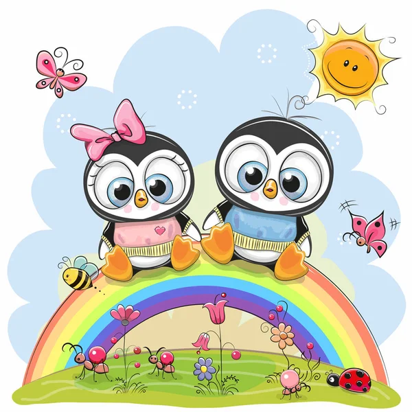 Two Penguins are sitting on the rainbow — Stock Vector