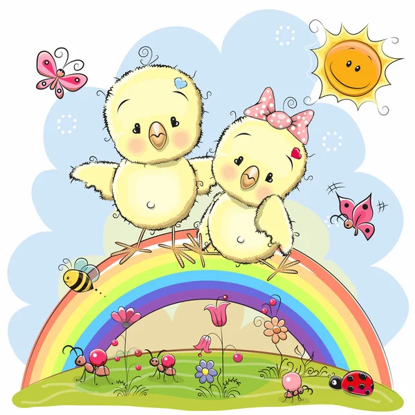 Two Chickens are sitting on the rainbow — Stock Vector